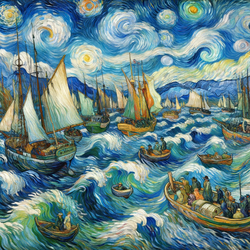 DALL·E 2024-01-12 03.21.31 - A Van Gogh-inspired painting depicting a variety of boats on a lively, textured sea. The scene includes different types of boats, ranging from small f